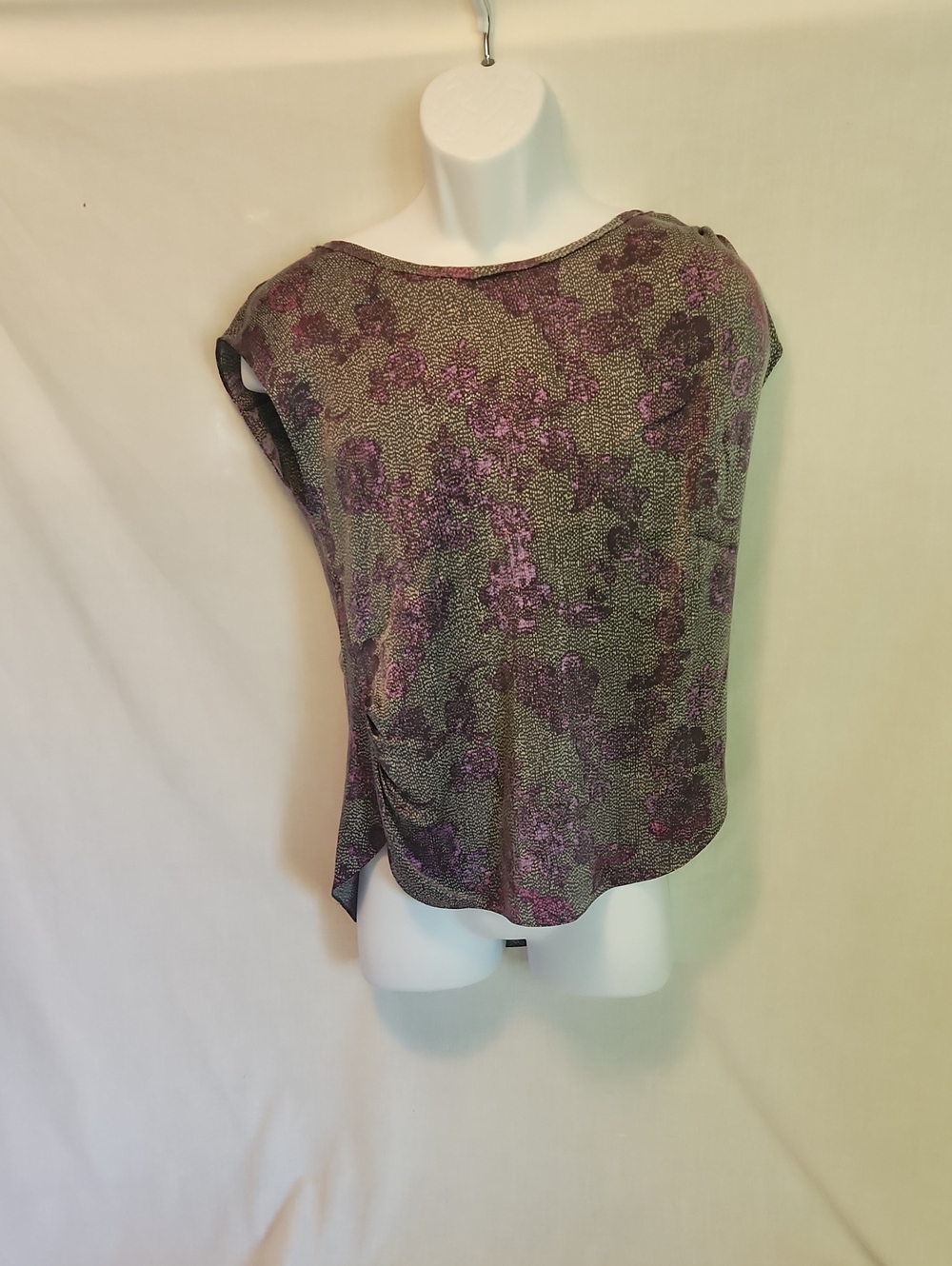 Rebecca Taylor Olive Green and Purple Floral Cap Sleeve Top
